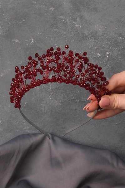 Bordo Kristal Boncuklu Aren Gelin Kına Tacı