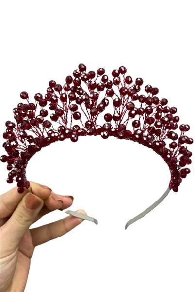 Bordo Kristal Boncuklu Aren Gelin ve Kına Tacı