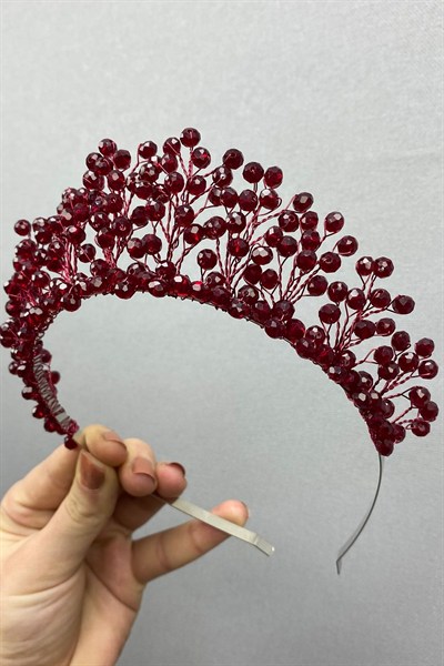 Bordo Kristal Boncuklu Aren Gelin ve Kına Tacı