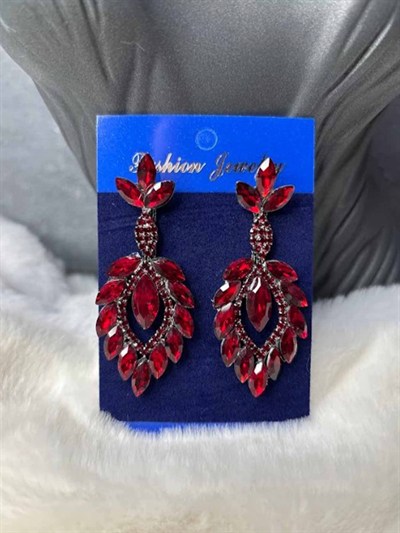 Bordo Rengi Velesse Şık Tasarım Taşlı Abiye Gelin Kına Küpesi