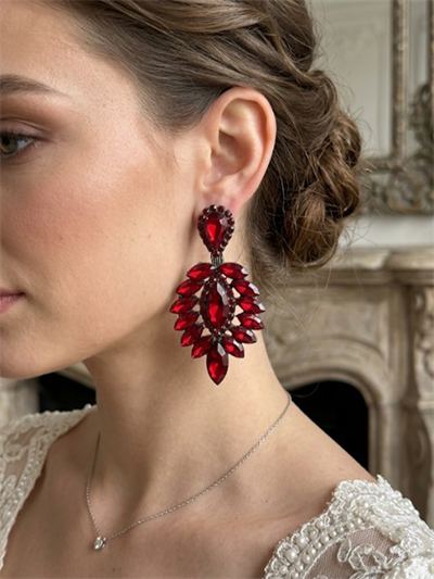 Bordo Rengi Vera Mekik Vip Kristal Taşlı Abiye Gelin Küpesi