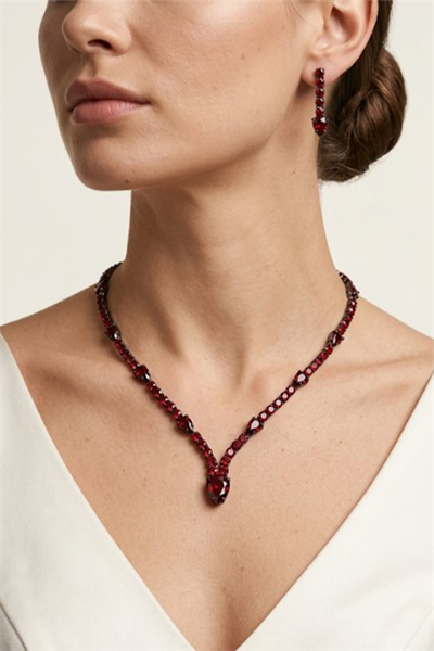 Bordo Renk Parlak Taşlı Kolye Küpe Set Damla Model Gelin Nişan Takı Seti