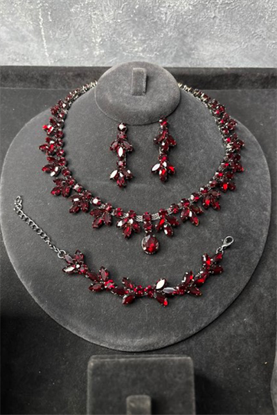 Bordo Renk Vintage Model Taşlı Kolye Küpe Bileklik Set Zarif Şık Abiye Düğün Takı
