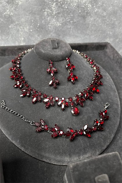 Bordo Renk Vintage Model Taşlı Kolye Küpe Bileklik Set Zarif Şık Abiye Düğün Takı