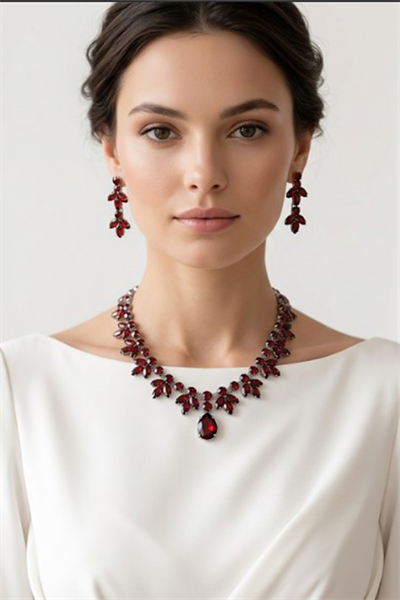 Bordo Renk Vintage Model Taşlı Kolye Küpe Bileklik Set Zarif Şık Abiye Düğün Takı