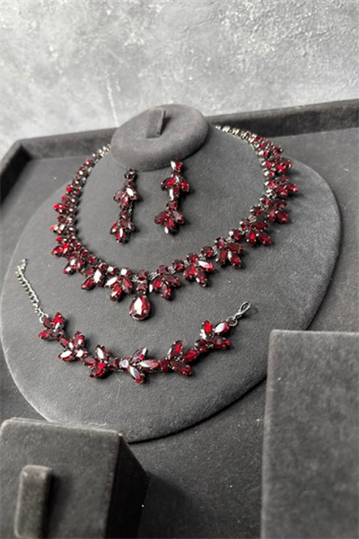 Bordo Renk Vintage Model Taşlı Kolye Küpe Bileklik Set Zarif Şık Abiye Düğün Takı