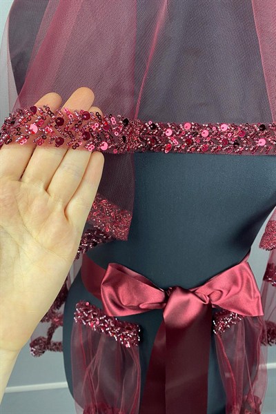Bordo Su Model İşlemeli Gelin Kına Duvağı Yüz Örtüsü