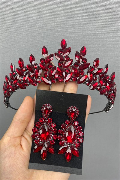 Bordo Subra Model Gelin Kına Tacı ve Küpe
