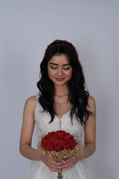Bordo Talya Çift Sıralı Boncuklu Gelin Kına Tacı