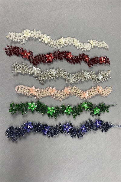 Bordo Taşlı Çiçekli Kristal Boncuklu Gelin Saç Ve Türban Aksesuarı
