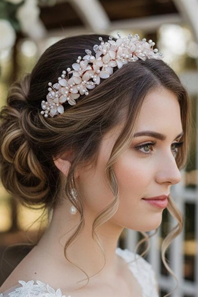 Çiçekli Ve İncili Gelin Tacı Kına Nişan Nikah Saç Aksesuarı