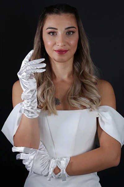 Çift Fiyonklu Saten Gelin Eldiveni Kısa Nikah Abiye Aksesuar