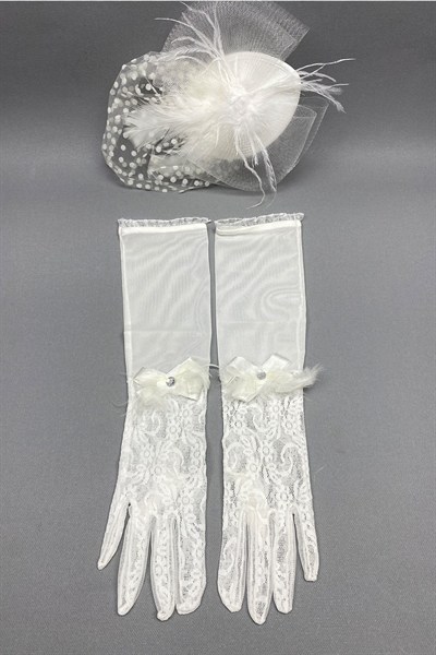 Dantelli Gelin Eldiveni ve Puantiyeli Nikah Şapkası
