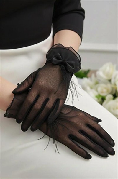 Fırfır Detaylı Gelin Eldiveni - Nervürlü Tül Kumaş Şık Nikah Aksesuarı