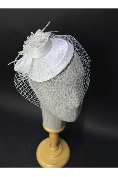 Gelin Nikah Şapkası Kurdele Detaylı Kristal Süslemeli Kep Aksesuarı