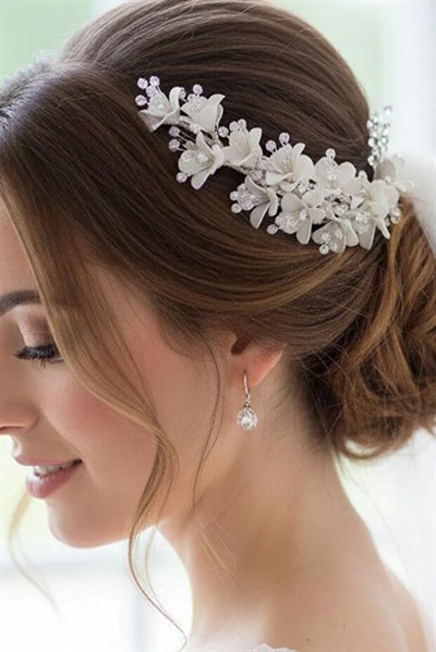 Gelin Saç Aksesuarı Kristal Boncuklu Çiçekli Gelin Tacı Nişan Ve Nikah Saç Aksesuarı