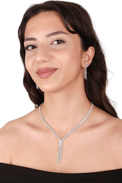 Giba Su Yolu Kristal Taşlı Abiye Kolye Ve Küpe Seti