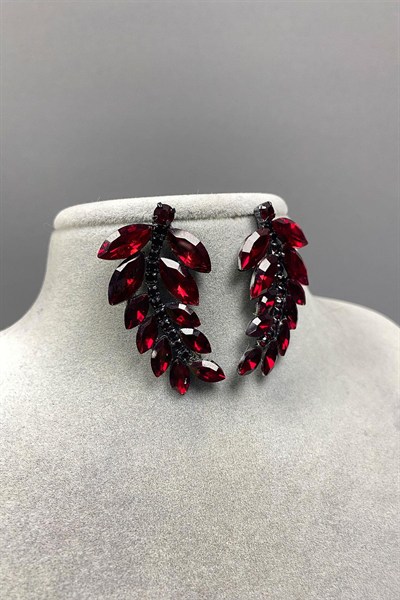 Gümüş Bordo Yaprak Desen Ela Abiye Taşlı Gelin Küpesi