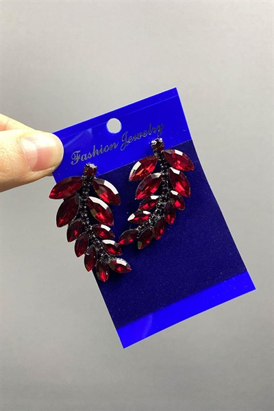 Gümüş Bordo Yaprak Desen Ela Abiye Taşlı Gelin Küpesi