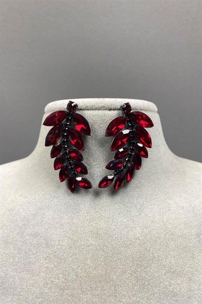 Gümüş Bordo Yaprak Desen Ela Abiye Taşlı Gelin Küpesi