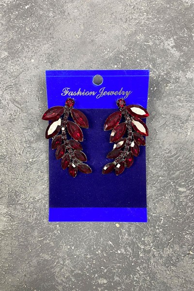 Gümüş Bordo Yaprak Desen Ela Abiye Taşlı Gelin Küpesi