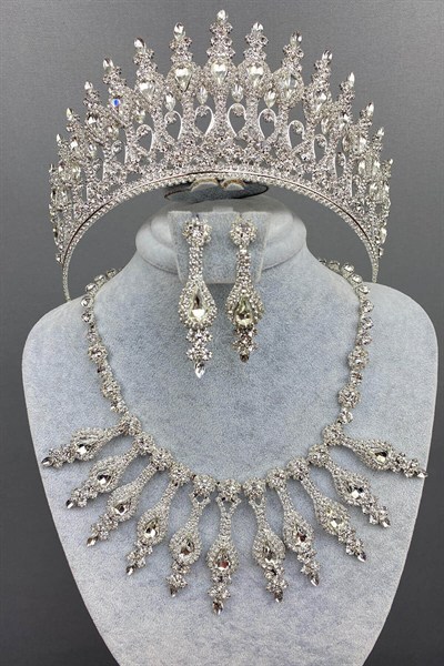 Gümüş Rengi Henna Gelin Kına Tacı Kolye Küpe Seti