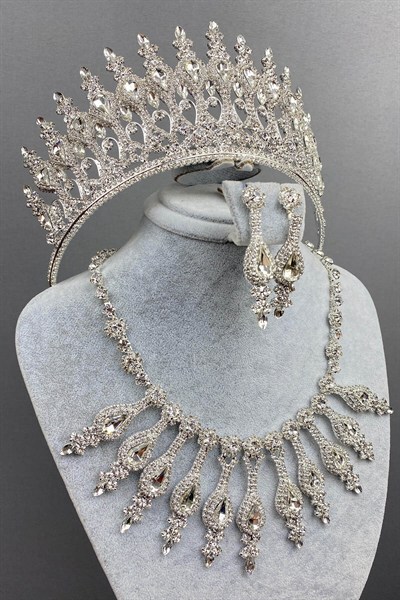Gümüş Rengi Henna Gelin Kına Tacı Kolye Küpe Seti