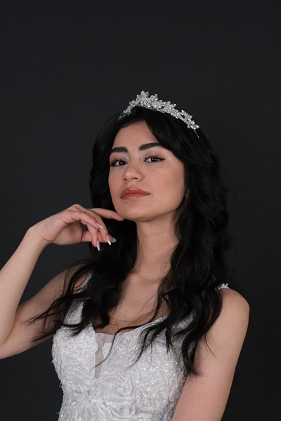Gümüş Rengi Kristal Taşlı Kına, Gelin Tacı ve Küpe Takımı