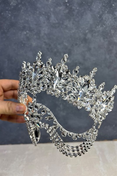 Gümüş Rengi Miri Yüksek Sallantılı Alınlık Gelin Kına Tacı