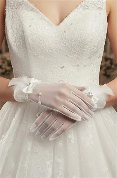 Hayal Tül İnci Sarkıtlı ve Tüy Detaylı Kristal Taşlı Nikah Gelin Eldiveni