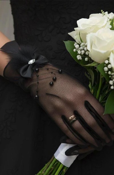 Hayal Tül İnci Sarkıtlı ve Tüy Detaylı Kristal Taşlı Nikah Gelin Eldiveni