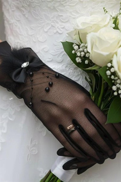 Hayal Tül İnci Sarkıtlı ve Tüy Detaylı Kristal Taşlı Nikah Gelin Eldiveni