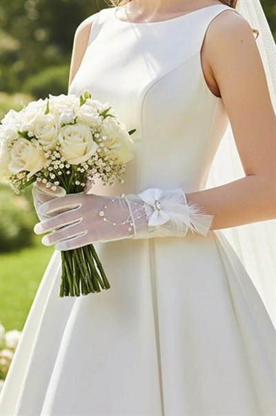 Hayal Tül İnci Sarkıtlı ve Tüy Detaylı Kristal Taşlı Nikah Gelin Eldiveni