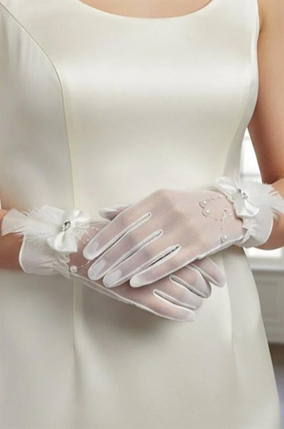 Hayal Tül İnci Sarkıtlı ve Tüy Detaylı Kristal Taşlı Nikah Gelin Eldiveni
