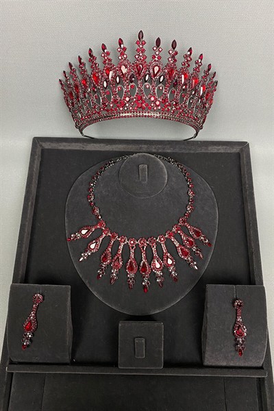 Henna Gelin Tacı ve Abiye Kolye Küpe Seti Bordo
