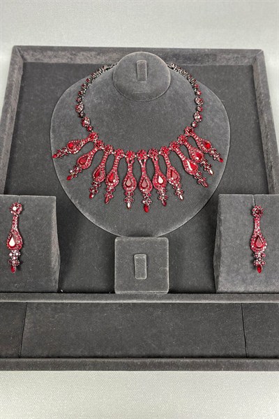 Henna Gelin Tacı ve Abiye Kolye Küpe Seti Bordo