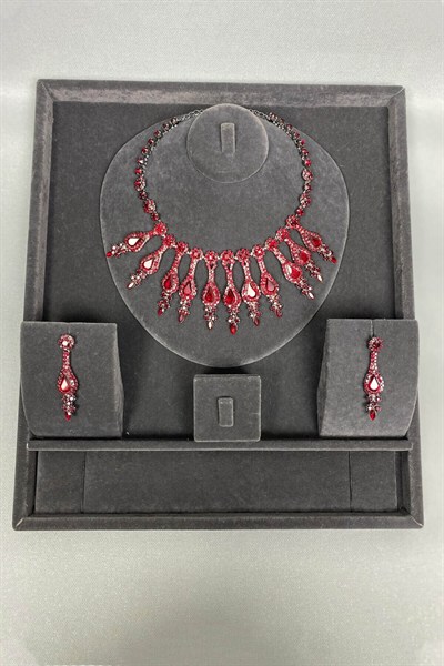 Henna Taşlı Abiye Kolye Küpe Seti Bordo