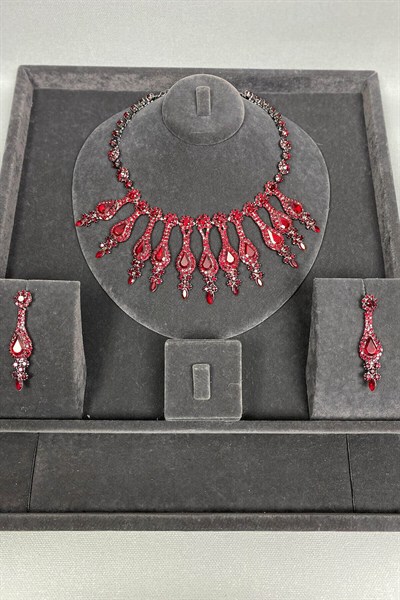 Henna Taşlı Abiye Kolye Küpe Seti Bordo