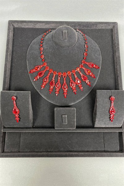 Henna Taşlı Abiye Kolye Küpe Seti Kırmızı
