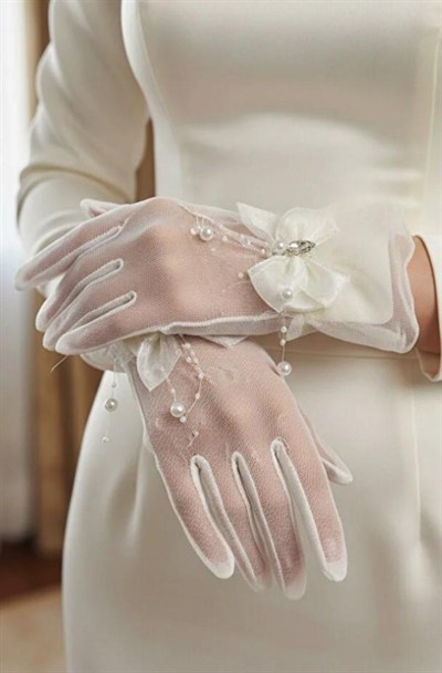 İnci Dalı ve Kristal Taşlı Fiyonk Detaylı Nikah Gelin Eldiveni