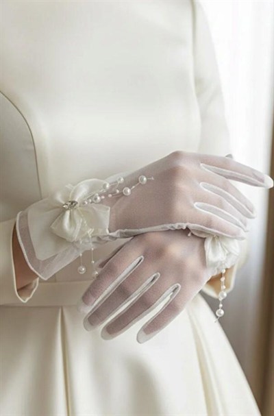 İnci Dalı ve Kristal Taşlı Fiyonk Detaylı Nikah Gelin Eldiveni