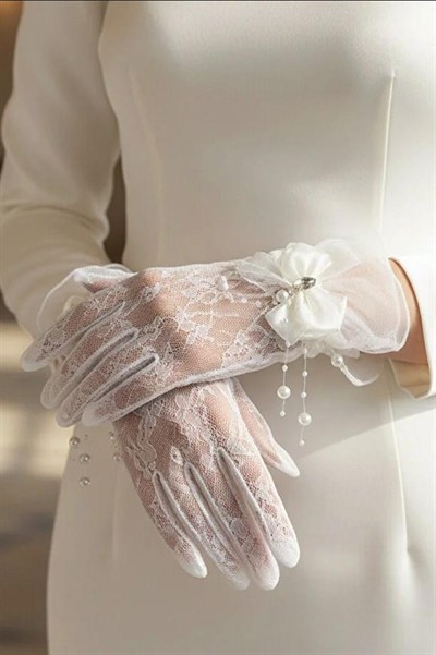 İnci Dalı ve Kristal Taşlı Fiyonk Detaylı Nikah Gelin Eldiveni