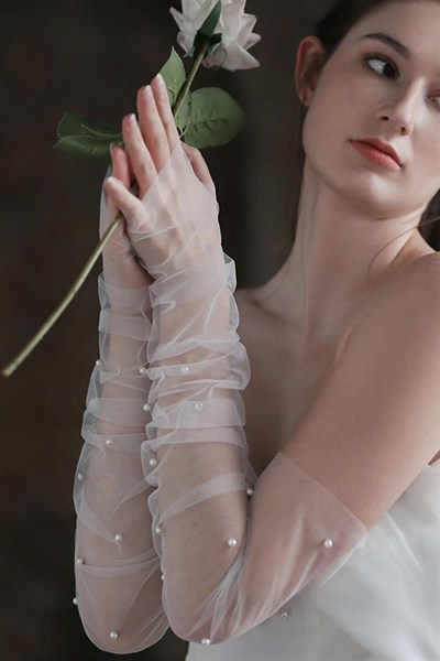 İncili Şık Tül Gelin Eldiveni Şeffaf Tül Gelin Eldiveni