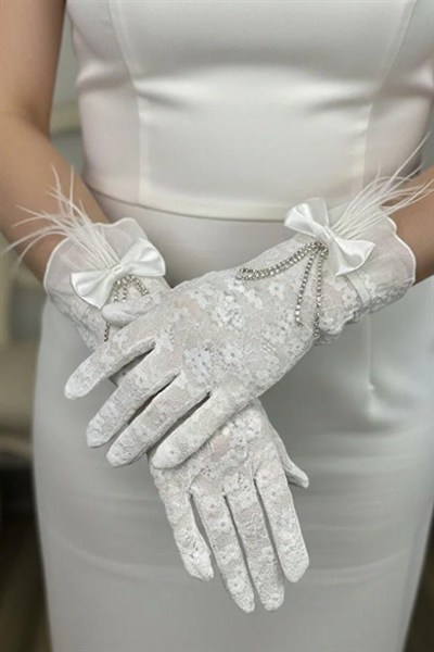 Isabel Gelin Eldiveni - Taşlı Fiyonk Detaylı Zarif Nikah Eldiveni