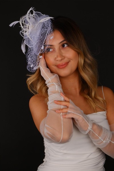 Kırık Beyaz Vualet Nikah Şapkası Canel Gelin Aksesuarı Ve Tül Eldiven