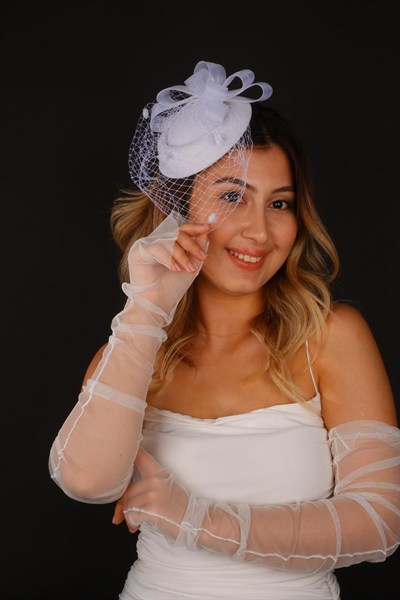 Kırık Beyaz Vualet Nikah Şapkası Selis Gelin Aksesuarı Ve Tül Eldiven