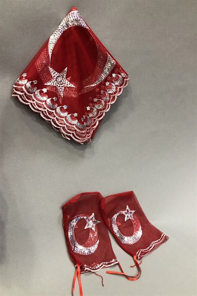 Kırmızı Gelin Duvağı Ay Yıldızlı Damat Örtüsü ve Takı Kurdele Seti