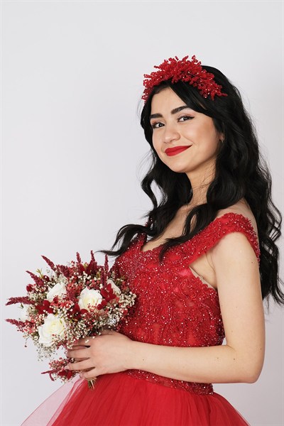 Kırmızı Nilsu Boncuklu Gelin Tacı ve Türban Aksesuarı