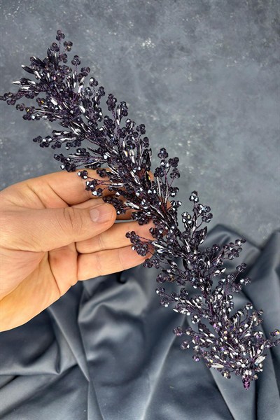 Koyu Mor Hera Kristal Boncuklu Gelin Kına Tacı Saç Ve Türban Aksesuarı