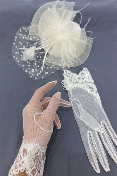 Krem Dantelli Eldiven- Krem Vualet Nikah Şapkası